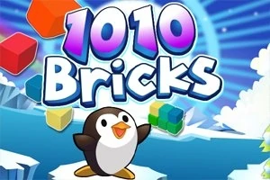 Egy rajzfilmszerű pingvin színes építőkockák között, háttérben jéghegyekkel és a 1010 Bricks felirattal