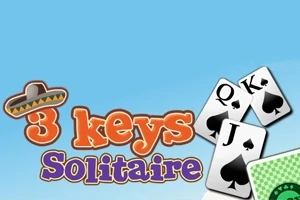 Színes felirat 3 keys Solitaire és három fekete pikk kártyalap (Q, K, J) kék háttérrel