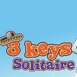 Színes felirat 3 keys Solitaire és három fekete pikk kártyalap (Q, K, J) kék háttérrel