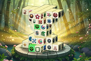 Mahjong-kövekből álló háromdimenziós, tornyos elrendezés egy erdei, napsugaras háttérrel