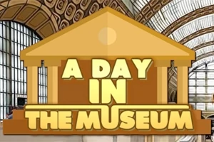 A kép egy múzeum épület stilizált rajzát ábrázolja, előtérben „A Day in the Museum” felirattal