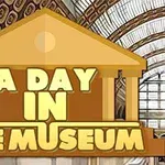 A kép egy múzeum épület stilizált rajzát ábrázolja, előtérben „A Day in the Museum” felirattal
