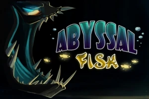 Egy sötét háttér előtt egy nagy, fogakkal teli szörnyeteg fej és a ABYSSAL FISH felirat látható, körülötte világító pontok