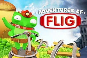 Egy zöld békaszerű lény áll egy játékszerű járművön egy élénk színű háttér előtt, a ADVENTURES OF FLIG felirattal