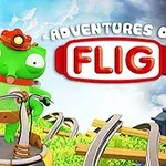 Egy zöld békaszerű lény áll egy játékszerű járművön egy élénk színű háttér előtt, a ADVENTURES OF FLIG felirattal