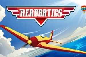 Piros-sárga repülőgép kék égbolton felhők között, Aerobatics felirattal és egy hőlégballonnal