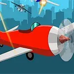 Egy piros repülőgép zuhan le füstcsíkkal egy kék árnyalatú városi háttér előtt, miközben több másik repülőgép látható a levegőben