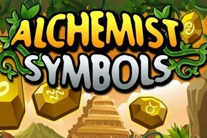 Sárga és zöld színű felirat Alchemist Symbols levelekkel és arany hatszögletű formákkal, háttérben ősi piramis