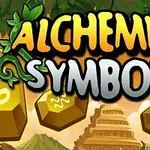 Sárga és zöld színű felirat Alchemist Symbols levelekkel és arany hatszögletű formákkal, háttérben ősi piramis