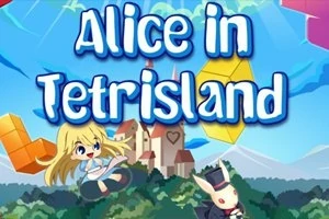 Egy kastély háttér előtt Alice karakter egy fehér nyúllal és színes tetrisz alakzatokkal