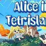 Egy kastély háttér előtt Alice karakter egy fehér nyúllal és színes tetrisz alakzatokkal