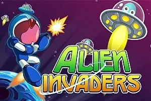 Űrhajós lő lézerfegyverrel, miközben repülő csészealjak támadnak, háttérben a Alien Invaders felirattal