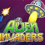 Űrhajós lő lézerfegyverrel, miközben repülő csészealjak támadnak, háttérben a Alien Invaders felirattal