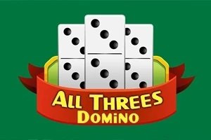 Dominókövek zöld háttér előtt, alattuk piros szalag All Threes Domino felirattal