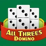 Dominókövek zöld háttér előtt, alattuk piros szalag All Threes Domino felirattal
