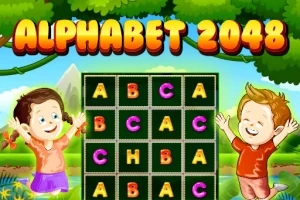 Két boldog gyerek áll egy puzzle-szerű táblával a háttérben egy erdős tájjal, a képernyő felső részén ALPHABET 2048 felirat látható
