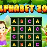 Két boldog gyerek áll egy puzzle-szerű táblával a háttérben egy erdős tájjal, a képernyő felső részén ALPHABET 2048 felirat látható