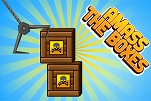 Két koponyával és keresztcsonttal jelölt fa láda fém fogóval, kék háttéren sárga sugarakkal és „AMASS THE BOXES” felirattal