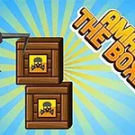 Két koponyával és keresztcsonttal jelölt fa láda fém fogóval, kék háttéren sárga sugarakkal és „AMASS THE BOXES” felirattal