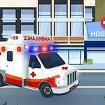 Mentőautó halad egy kórház előtti úton, háttérben a kórház épülete látható