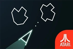 Fekete háttéren fehér vonalas háromszög és két szabálytalan alakzat, az alsó sarokban az Atari logója látható