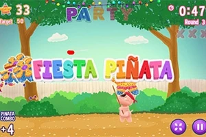 Színes Fiesta Piñata felirat egy szórakoztató, rajzfilmszerű környezetben, lufikkal és fák között