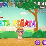 Színes Fiesta Piñata felirat egy szórakoztató, rajzfilmszerű környezetben, lufikkal és fák között
