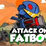 Rajzfilmfigura kék páncélban géppuskával egy romos város hátterében, alatta a „Attack on Fatboy” felirat