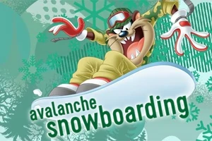 Állatfigura snowboardozik vidám arckifejezéssel, téli háttérrel és hópelyhekkel