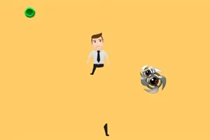 Rajzolt figura nyakkendőben áll egy világos narancssárga háttér előtt, mellette egy mechanikus kinézetű lény található