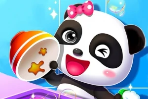 Rajzfilm stílusú, kacsintó panda rózsaszín masnival egy edényt tart a kezében vidám kék háttérrel