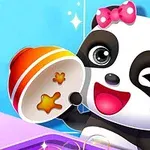 Rajzfilm stílusú, kacsintó panda rózsaszín masnival egy edényt tart a kezében vidám kék háttérrel