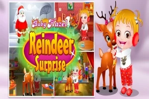 Egy karácsonyi témájú illusztráción kislány áll egy rénszarvas mellett, miközben háttérben karácsonyi jelenetek láthatók és a Reindeer Surprise felirat