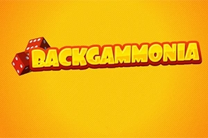 Sárga háttéren a BACKGAMMONIA felirat díszíti az ábrát, két piros dobókockával a bal oldalon