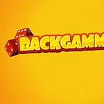 Sárga háttéren a BACKGAMMONIA felirat díszíti az ábrát, két piros dobókockával a bal oldalon