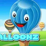 Kék, mosolygó léghajó rajzfilmszerű arccal, háttérben vidám színes léghajókkal