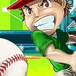 Egy rajzolt baseball játékos zöld fehér egyenruhában kalapban erőteljesen lendít a labda felé, háttérben stadion és kijelző látható