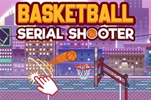 Ujj mozdulatot imitáló fehér kéz ikon, amely egy kosárlabdát a gyűrű felé irányít egy városi környezetben, háttérben Basketball Serial Shooter felirattal