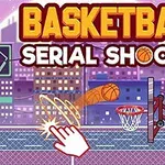 Ujj mozdulatot imitáló fehér kéz ikon, amely egy kosárlabdát a gyűrű felé irányít egy városi környezetben, háttérben Basketball Serial Shooter felirattal