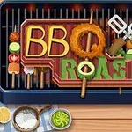 Grillen sütött zöldségek és húsdarabok egy tányéron, a BBQ Roast felirattal, körülötte konyhai eszközök és fűszerek