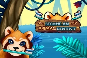 Egy rajzolt vörös macska medvét ábrázoló kép, amely fogkefét tart a szájában, trópusi növényzettel körülvéve, egy táblán pedig az Become an Animal Dentist felirat látható