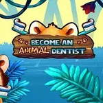 Egy rajzolt vörös macska medvét ábrázoló kép, amely fogkefét tart a szájában, trópusi növényzettel körülvéve, egy táblán pedig az Become an Animal Dentist felirat látható