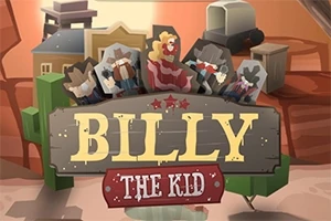 Rajzolt vadnyugati jelenet, ahol középen a BILLY THE KID felirat látható egy fa táblán, háttérben cowboy alakokkal és egy sivatagos tájjal