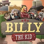 Rajzolt vadnyugati jelenet, ahol középen a BILLY THE KID felirat látható egy fa táblán, háttérben cowboy alakokkal és egy sivatagos tájjal