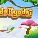 Rajzolt madarak ülnek egy ágon színes fák és levelek között, háttérben egy felirattal