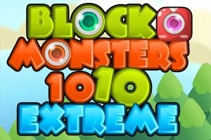 Színes, vidám betűkből álló felirat: BLOCK MONSTERS 1010 EXTREME, háttérben stilizált fák és égbolt