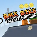 Rajzfilmszerű figura BMX kerékpáron ugrik egy rámpán, háttérben három aranyérmével és egy városi tájjal