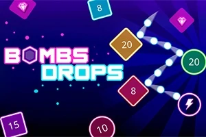Színes számokkal ellátott négyzetek és fényes vonalak egy sötét háttér előtt, a Bombs Drops felirat mellett