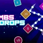 Színes számokkal ellátott négyzetek és fényes vonalak egy sötét háttér előtt, a Bombs Drops felirat mellett