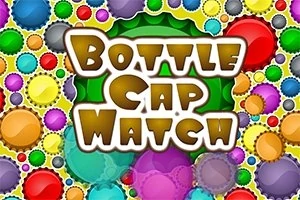 Különböző színű palackkupakok háttérrel, középen vastag betűkkel a Bottle Cap Match felirat